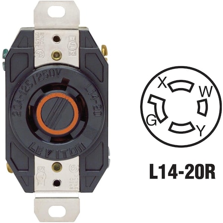 Leviton Locking Receptacle, L14-20R, 20 A, 125/250V AC, Black 065-02410-000